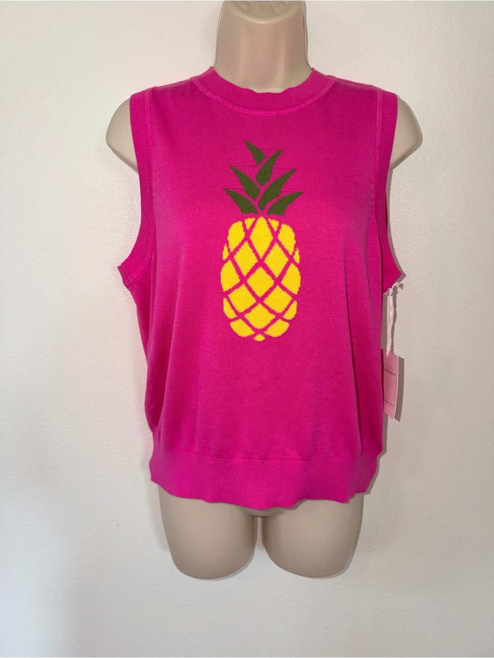 Bright Pink Sleeveless Knit Tank with Pineapple Motif